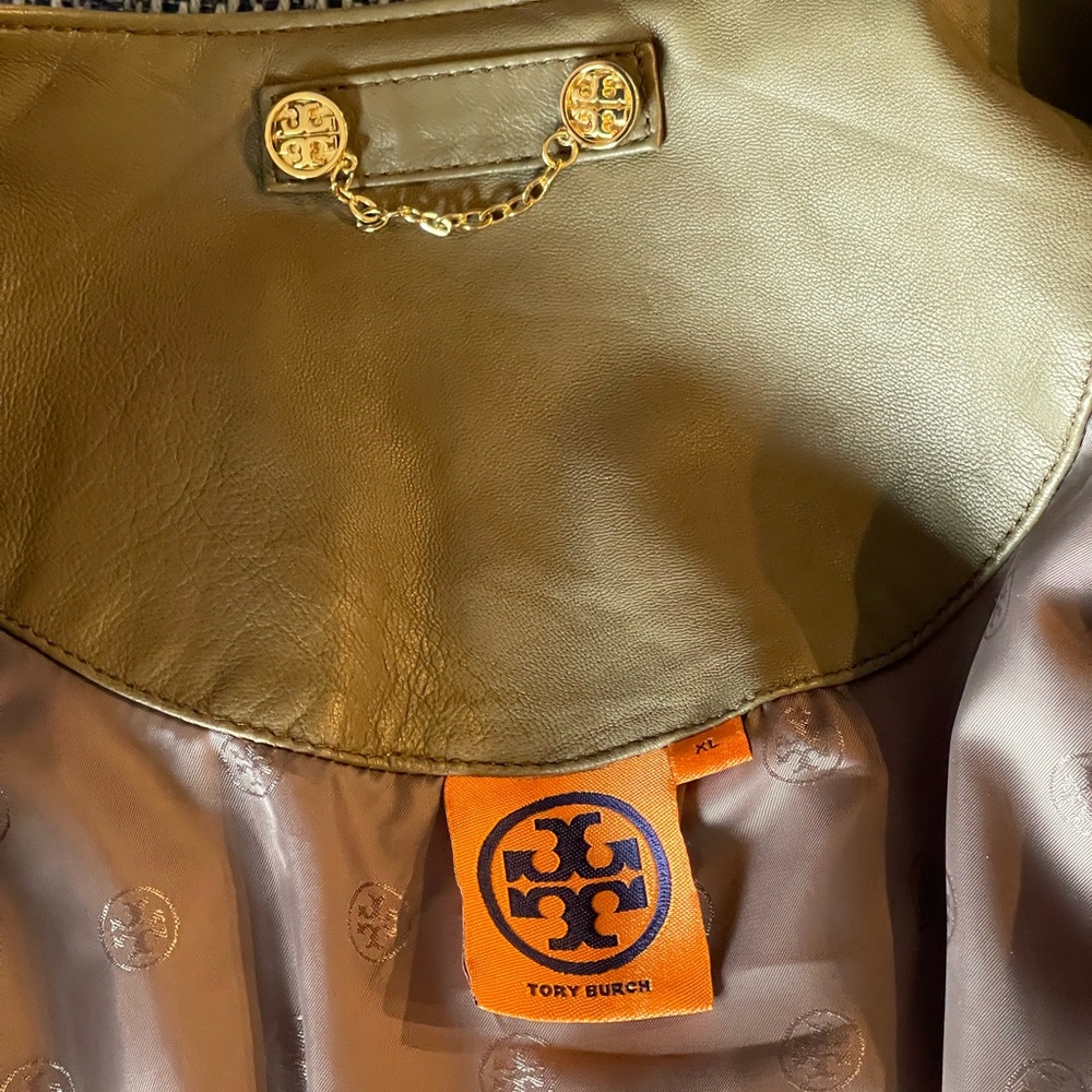 Tory Burch XL Leather Jacket Quilted Taupe/Gray Moto Style EUC - Picture 8 of 12